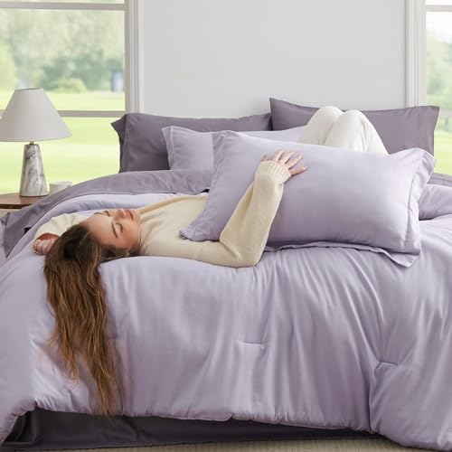 Image of Bedsure Full Size Comforter Set - 7 Pieces Lavender Full Bedding Set for All Seasons, Boho Contrasting Design Bed in a Bag with Comforter, Sheets, Pillowcases & Shams