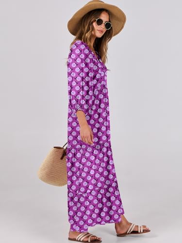 Image of ANRABESS Womens Boho Floral 3 /4 Puff Sleeve Maxi Dress | Tiered Flowy Loose Fit, Comfy Soft Rayon Fabric, Wedding Guest Church Beach, Modest Elegant, Spring Summer Fall Outfits