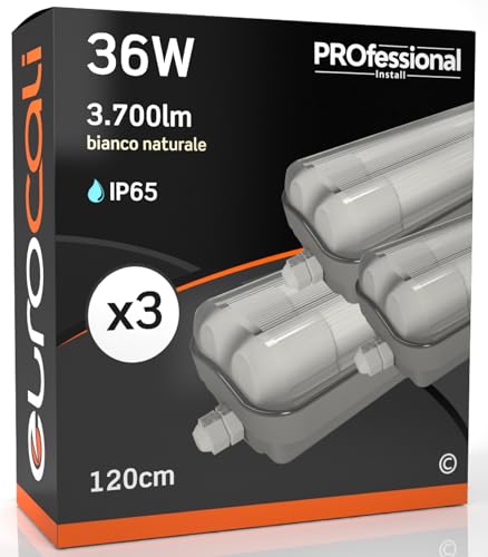 Eurocali 3 Plafoniere con 6 Tubi LED 18W 120cm T8 G13 Chip CREE con Starter 1850 Lumen Garanzia 6 Anni - Luce Naturale 4000K Alta Luminosità 102 lm/W - Kit Waterproof IP65 per Soffitto Garage Negozio