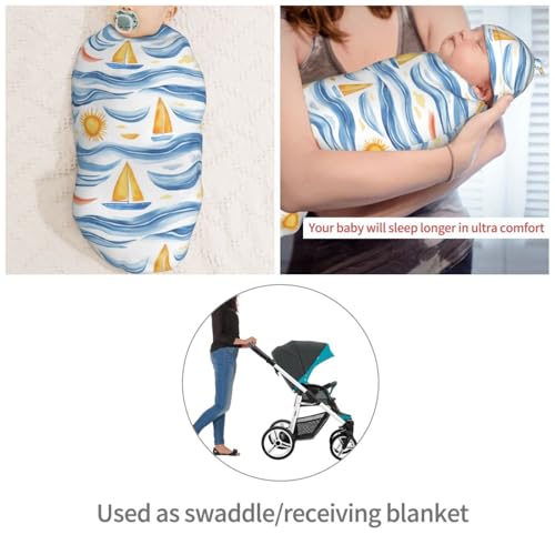 Image of Waves and Sail Boats Newborn Swaddle Blankets Hat Sets Soft Baby Receiving Blanket Swaddle Sack for Baby Shower Infant Boy Girl Gift