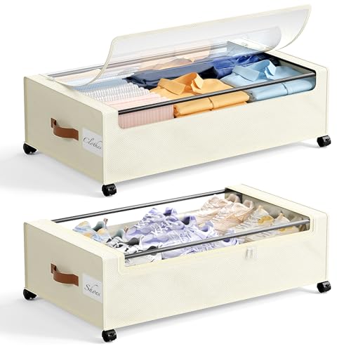 Yecaye 82L Under Bed Storage Containers, Fits 9.4" Under Bed, 2 Pack, Beige