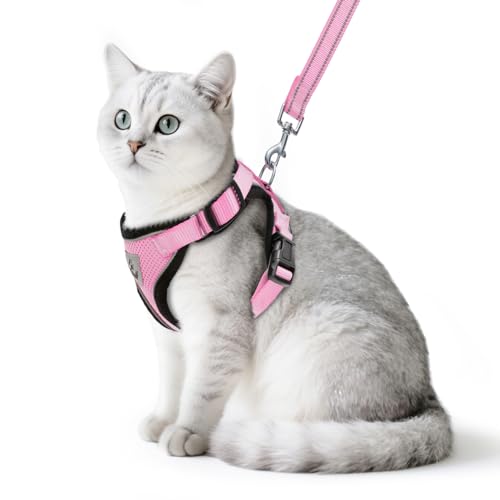 PUPTECK Cat Harness and Leash Set Escape Proof Reflective Cat Walking Harness Adjustable Soft Breathable Mesh Vest for Small Pets, Light Pink, S