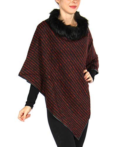 Serenita Poncho for Women, Lightweight and Thick Poncho Sweater Winter Poncho Cardigan with Fringe Fur Pashmina Shawl, Stripe Burgundy