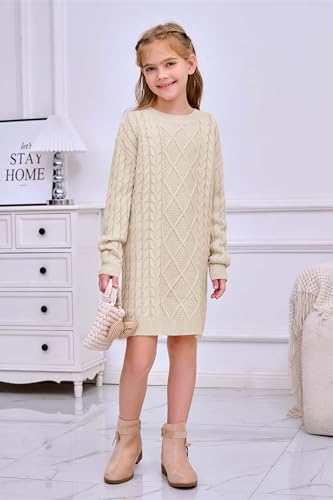 rrhss Girls Cable Knit Long Sleeve Sweater Dress Kids Fashion Fall Tunic Tops Outfits 3-12 Years2