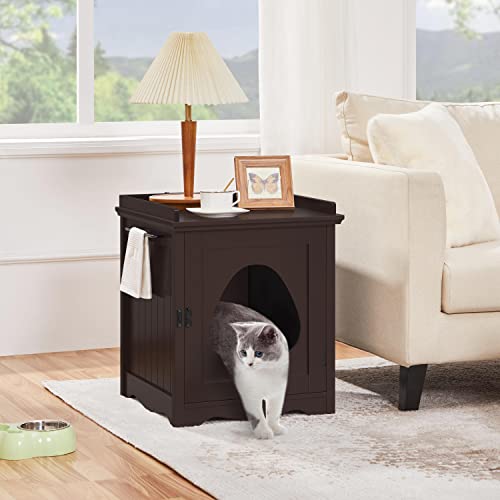 Yaheetech Cat Litter Box Enclosure, Hidden Cat Washroom, Indoor Cat House Pet Side Table Cat Crate Decorative Litter Box Nightstand With Side Towel Bar, Espresso #TOP1