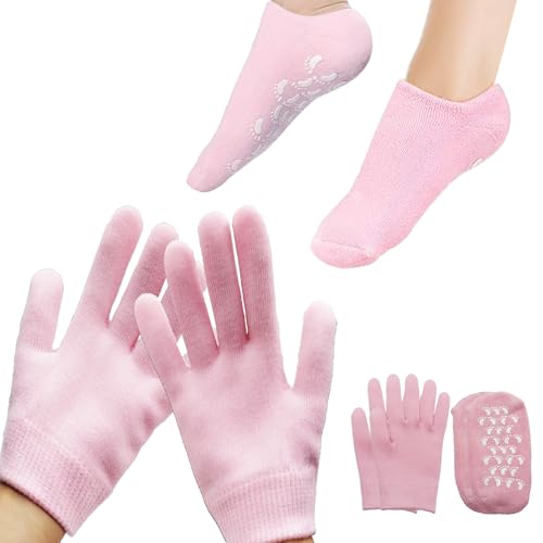 Moisturizing Gloves and Socks, Gel Spa Moisturizing Therapy Sock ＆ Glove, Overnight Gloves for Dry Hands, Repair and Soften Aging, Hand and Feet Care for Chapped and Dry Skin (Pink)