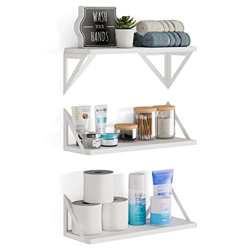 Image of Wallniture Minori Washed White Floating Shelves for Wall Storage, Bathroom Shelves Over The Toilet Storage, Wood Wall Shelf Set of 3 with White Brackets