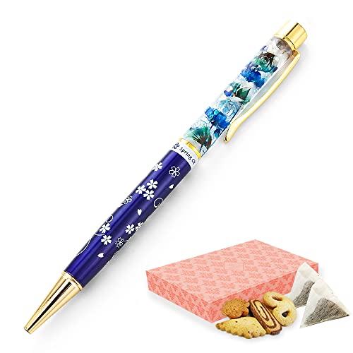 ハーバリウム ボールペン (デザイン)完成品 (替芯3本付) 専用ケース付 (スイーツ・ラッピング付き(桜/ネイビーブルー)