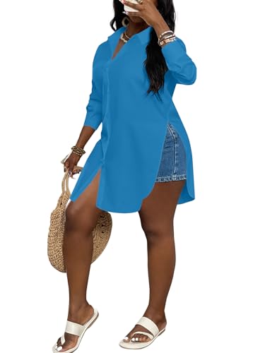 Image of LYANER Women's Collar Neck Long Sleeve Button Down Shirts Sexy Split Hem Tops Long Blouse Shirt Dress