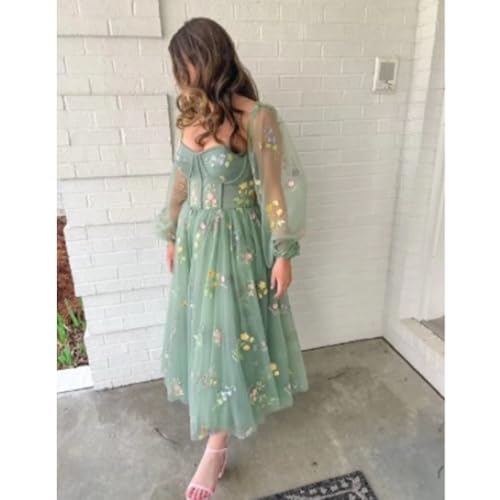 Image of Women's Puffy Sleeve Prom Dresses Fair Flower Embroidery Tulle Green Formal Evening Party Gowns