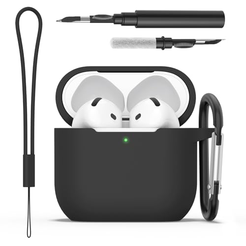Silicone Case for AirPods 4 Cover 2024, with Cleaner Pen & Carabiner, Protective Apple Airpods 4 Case, Effective Impact and Scratch Protection (Black)