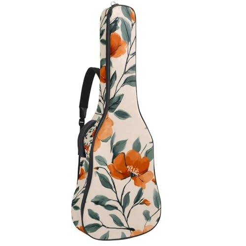 40 41 42 Inch Guitar Gig Bag, 0.4 In Thick Sponge Soft Padded Guitar Case Cover for Acoustic Electric Bass Classical Guitar, Cute Orange Flowers with Sage Green Leaves