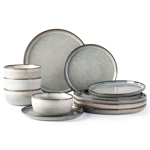 GBHOME Ceramic Dinnerware Sets for 4, 12 Pieces Stoneware Plates and Bowls Sets, Reactive Glaze Dishes -Scratch Resistant, Dishwasher&Microwave Safe, Green Wheat