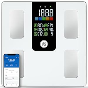 GE Scale for Body Weight Smart: Digital Bathroom Body Fat Scales for BMI Muscle Bluetooth Body Composition Monitor 11.8″ Large Platform Accurate Weighing Machine Health Analyzer with App 500lbs, White
