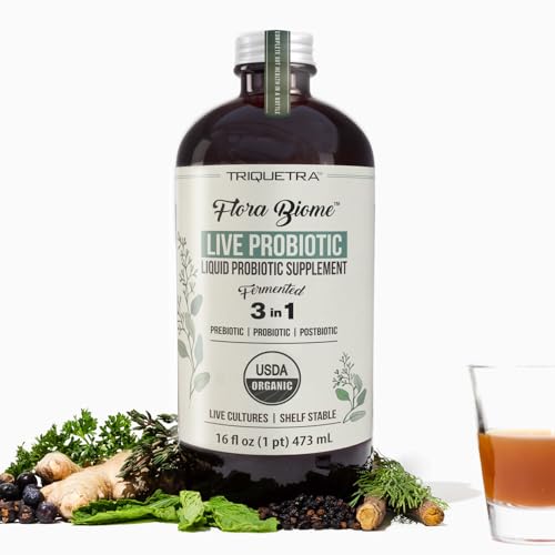 Flora Biome - Live Probiotic, Prebiotic, & Postbiotic – Organic Live-Culture – 10 Probiotic Strains, 18 Fermented Herbs - Complete Gut Health & Microbiome Optimizer (16 oz)