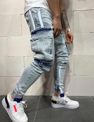 IDEALSANXUN Mens Cargo Slim Fit Skinny Ripped Jeans Striped Denim Pants3