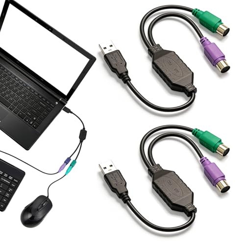 JIXLOUR - Adaptador compatible con PS/2 a USB, cable compatible con PS2 para teclado y ratón, compatible con puertos PS/2, IC integrado, 2 cables convertidor USB para una conexión fiable