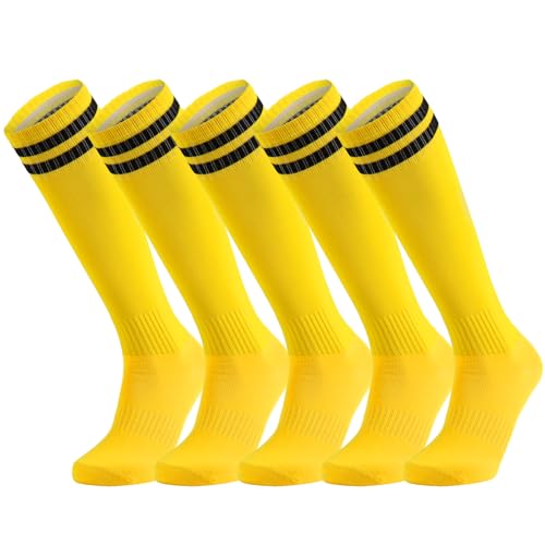 Elfcool 5 Pairs Kids Soccer Socks Youth Knee High Striped Tube Football Baseball Socks for Boys Girls 6-12 Years Old