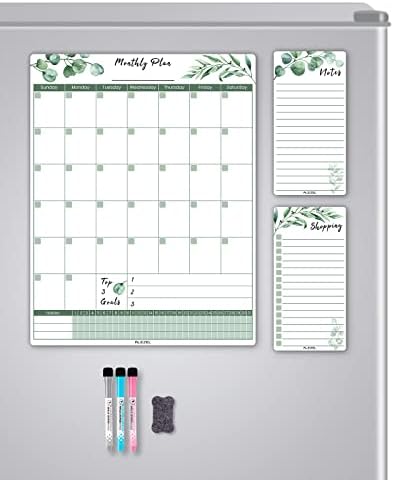 ALEZEL Magnetic Dry Erase Calendar for Fridge, Greenery Monthly Fridge Calendar Whiteboard Set - Vertical Monthly Calendar for Refrigerator, Grocery & to Do List White Board, 3 Markers + Eraser