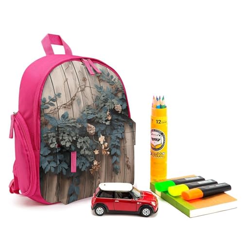 Leaves Floral on Rustic Wood Backpack Small Book Bag with Side Pocket, Lightweight Durable Backpack, Travel Rucksack, Pink-style3