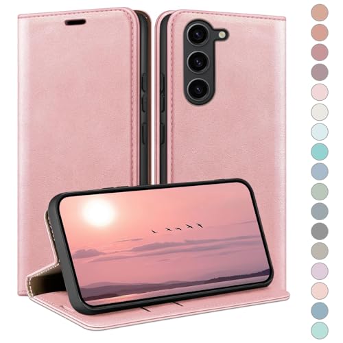 Coque Samsung S23 anti-rayures étui cuir rabat portefeuille or rose HUOUH