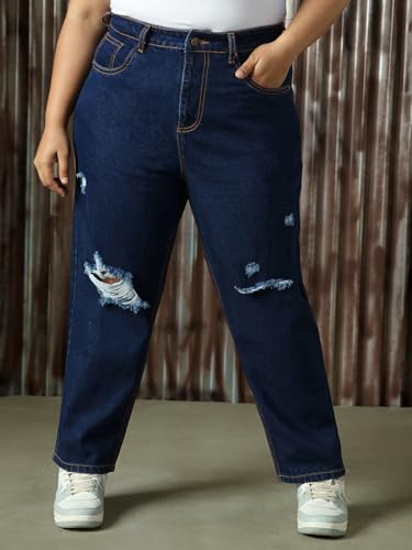 Image of High Star Plus Size Women Cotton Washed Mom Fit High-Rise Jeans