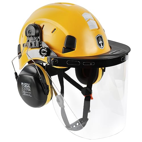 GREEN DEVIL Kettensägen-Schutzhelm Forstschutzhelm Sicherheitshelm mit Gehörschutz Ohrenschützer und Gesichtsschutz Visier 3 in1 Helmset Schlagfeste Bequeme Belüftung Arbeitshelm EN397 & EN 352-3