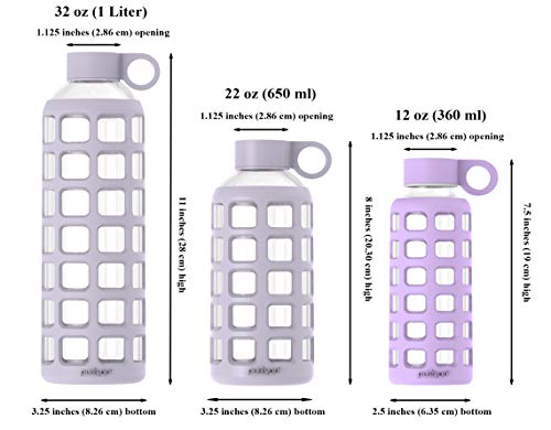 purifyou 40oz / 32oz / 22oz / 12oz Borosilicate Glass Water Bottle with Time & Volume Markers, Silicone Sleeve, Stainless Steel Lid | Reusable Glass Bottle for Water & Juice (22oz Lavender)