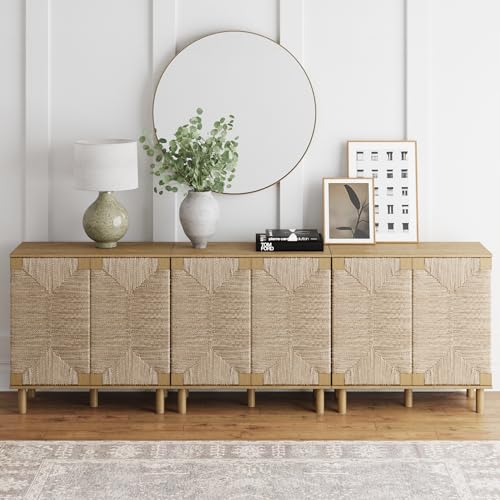 Image of Nathan James Beacon Accent Natural Sideboard Storage Cabinet TV Stand in Light Wood with Adjustable Interior Shelf and Seagrass Doors, for Hallway, Entryway or Dining Room, Light Brown, Set of 3