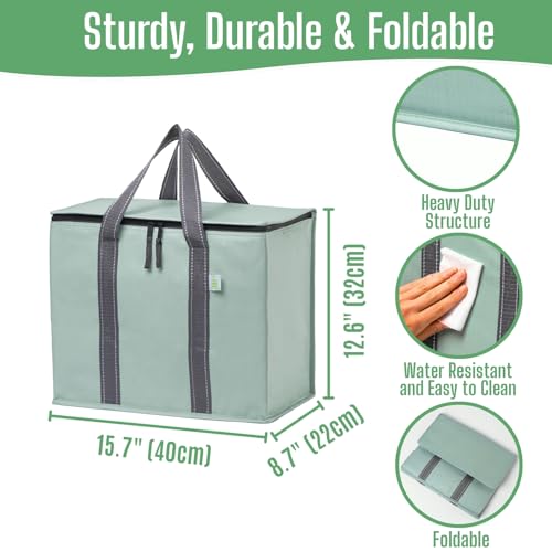 Image of VENO 2 Pack Insulated Grocery Bags, Hard Bottom, Light Green | Heavy Duty, Water-Resistant, Reusable Shopping Bags, Foldable, Zippered, Easy Clean, Food Delivery, Grocery Shopping, Picnic