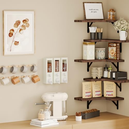 Walnut Brown Rustic Corner Floating Shelves Set of 5