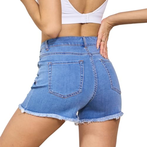 Image of VIPONES Women Mid Rise Jeans Shorts Frayed Raw Hem Summer Stretchy Casual Denim Shorts
