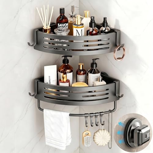 SUBUCOYO Corner Shower Caddy Suction Cup 2 Pack Shower Shelves Corner No Drilling Aluminum Alloy Shower Organizer Suction Cup Removable Bathroom Storage Rack with Towel Bar & Hooks(Gray)