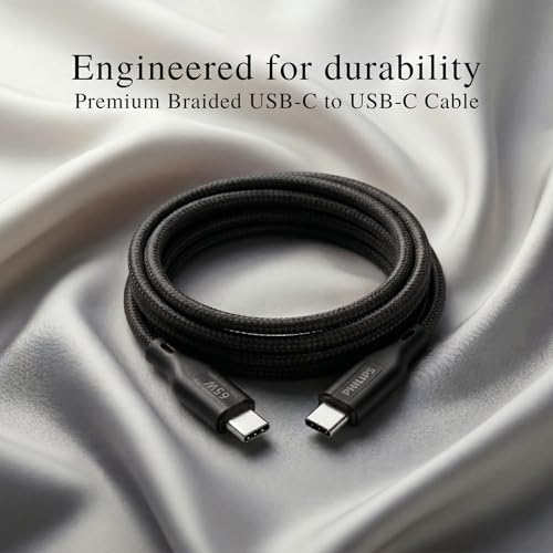 Image of PHILIPS DLC4130CB /94 65W Type-C to Type-C Fast Charging Cable (1m, Dark Slate) | Nylon Braided | Compatible with iPhone 15+ Series, USB-C iPad Models, Samsung Galaxy & All Type C Devices