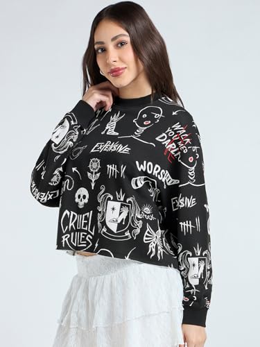 Image of Bewakoof Official Disney Merchandise Cruella Women's All Over Printed Oversized Fit Full Sleeve Round Neck Cotton Blend Sweatshirt