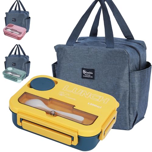 SUPPRUI Bento Lunch Box,1300ml Lunch Box Adults Kids,Bento Boxes with Bag,4 Compartments Leak Proof Lunchbox,Container Meal Prep Containe with Cutlery (Blue+Yellow)