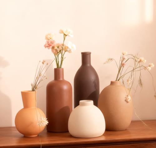 VASETOPIA Vase Set of 5, Elegant Ceramic Flower Vase Minimalist Boho Home Decorations for Living Room, Table, Gifts (10 Dark Brown/Reddish Brown/Khaki/Beige/Orange)