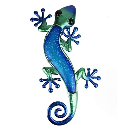 HONGLAND Metal Gecko Wall Decor Outdoor Lizard Art Sculpture Indoor Glass Decorations for Home Blue,15 Inches