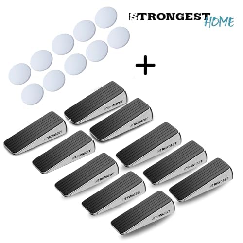 Image of Strongest Home Heavy Duty Door Stopper Wedge (10 Chrome PCs) | Non-Slip Rubber and Metal Door Stop for Heavy Doors| Work on Wood, Tile, Carpet + 10 White Wall Protectors
