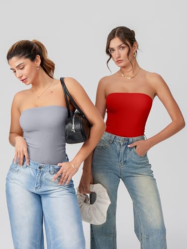 Image of OQQ Womens Tube Bodysuits Strapless Basic Sleeveless Ruched Stretch Classic-Fit Tops Sexy Bodysuits