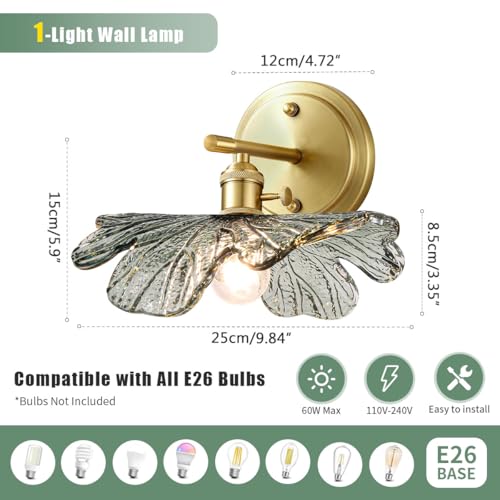 Image of Vintage Bathroom Vanity Light Set of 2 with Dark Green Flower Glass | Art Deco Wall Sconces, Gold Living Room Hallway lighting fixtures, 110V E26 Brass, Supports dimmable bulbs, Easy to install