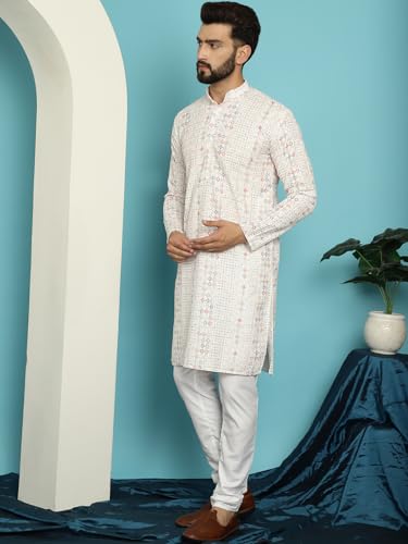 Image of SOJANYA (Since 1958 Men's Cotton Embroidered Printed Kurta & White Pyjama Set