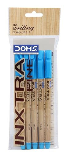 Image of Doms Inxtra Fine Ballpoint Pen| 0.7mm Tip| Lightweight, Fade Resistant, Comfortable Grip, Smooth Long Writing| Natural Wood Body Colour| ULV Ink Technology| Ink Colour-Blue| Pack of 5 Pens