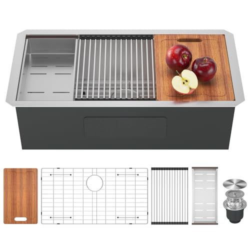 Selosyem 33-Inch Undermount Stainless Steel Kitchen Sink - 33x19 Sink 16 Gauge 304 Stainless Steel Single Bowl Handmade Sink Basin With Accessories