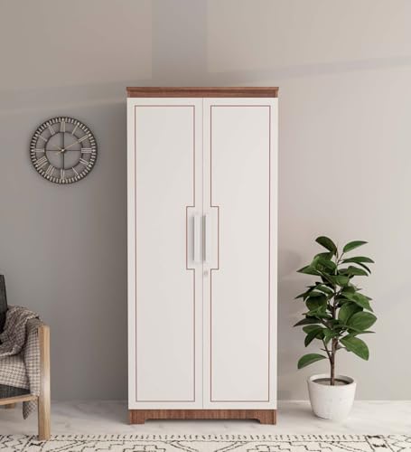 Image of COUCH CULTURE Amber Engineered Wood 2 Door Wardrobe | Almirah | Wardrobe with Hanging Rode and Lock | Storage Organizer | Multipurpose Almirah | 1 Year Warranty - White & Leon Teak
