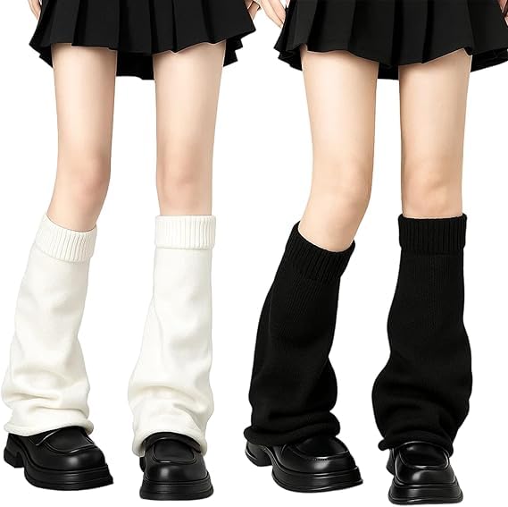 2 Pairs Black & White Fluffy Fur Leg Warmers for Women, Gothic, Cutecore Styles, Winter Warm Fashion Accessories, Soft, Stretchable, Ideal for Dance, Yoga, Cosplay & Daily Wear, 45x12cm