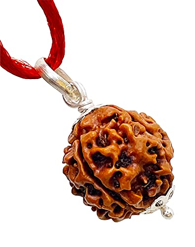 Image of Siddha 4 /Four Mukhi Pure Rudraksha, Laboratory Certified, Carefully Capped with Silver Between Nepalese Beads with Handmade Tassel, Size 16mm-22mm, Color-Brown (4 Mukhi Silver Rudraksha)