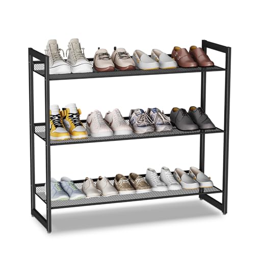 Dripex Schuhregal Metall Schwarz, Für 12 Paare, 30,5 x 74 x 63 cm, Schuhständer Kleines Schuhablage Schuhaufbewahrung für Flur Schlafzimmer 3 Ebenen