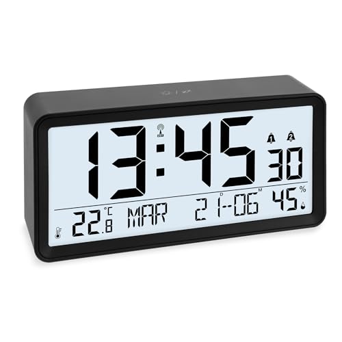 ADE Reveil Matin radiopiloté avec Grand Chiffres | Horloge numerique avec Calendrier | réveil numérique avec temérature et humidité | réveil a Piles | Noir