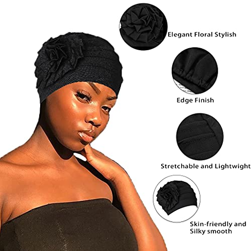Bohend Women Turban Flower Headband Elastic Cap Pre-Tied Scarf Bonnet Beanie Headwrap Hats (Black) #TOP2
